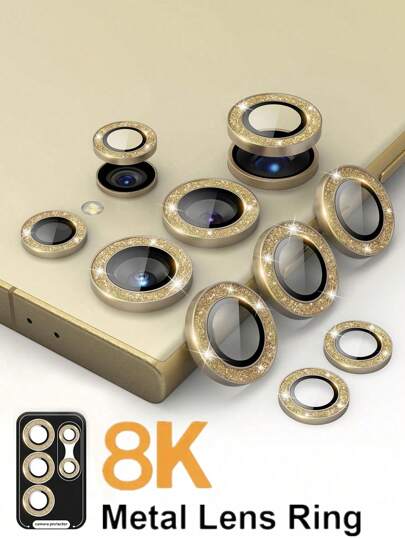 1 Pack Compatible With Samsung Galaxy Camera Lens Protector Glitter Individual Aluminium Alloy Ring 9H Tempered Glass Bling Camera Cover Compatible With Samsung Galaxy, Glitter Gold