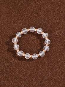 1pc European Style Jewelry, Natural Beryl Carved Beaded Elastic Ring For Women