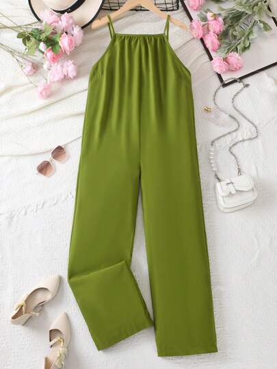 1pc Teens Loose Wide Leg Jumpsuit, Strap Casual Sleeveless With Hidden Pocket, Versatile