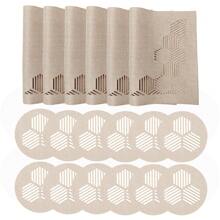 millianess 4pcs White/Beige Premium Hollow-Out Placemats Set With 8pcs Matching Coasters, Modern Minimalist Cubic Line Design With Strong 3D Effect, Made Of Polyester Fabric, Rectangular Placemats 30cm*45cm, Round Coasters 10cm Diameter, Reversible For Multi-Occasions
