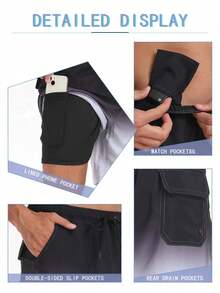 渐变色速干沙滩短裤，男士弹力，双层冲浪板短裤，带口袋，透气，适合夏季户外活动/运动/健身 - 淺灰色 - 查看 6