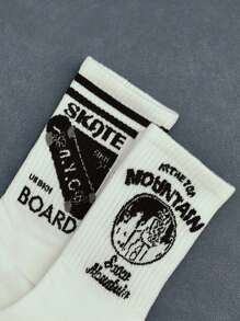 5 pares de calcetines medianos aleatorios con diseño de letras y números, calcetines blancos casuales y elegantes para hombres y mujeres