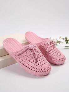 新款时尚透气舒适女士塑料拖鞋，夏季休闲防滑纯色镂空可爱绑带凉鞋，软底轻便防水拖鞋，沙滩装 - 粉色 - 查看 4