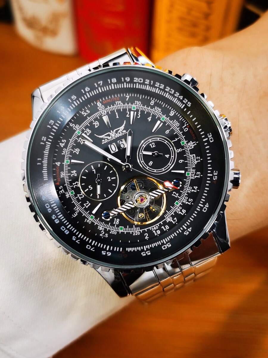 JARAGAR 1 pieza Reloj de hombre deportivo de marca top de lujo, multifuncional con pantalla de fecha, correa de acero inoxidable, negocios/casual, relojes automáticos mecánicos, regalo