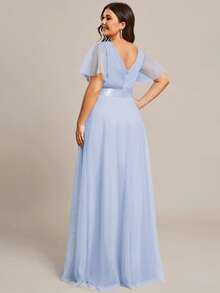 EVERPRETTY Vestido de dama de honor de gasa azul hielo con busto fruncido y cintura alta, elegante y de talla grande, vestido de noche formal, vestido para fiesta y boda, otoño - Celeste - Ver 3