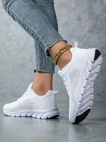 Plus Size Women Breathable Mesh Casual Sneakers, Lightweight Soft Sole Running Shoes, Knit Fabric Trainers, Comfortable Walking Shoes, Casual Fashion Shoes, Suitable For Men & Women Sports, Road Running Shoes - White - View 5