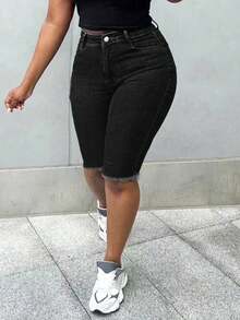 Women's Casual Slim Straight Mid-Thigh Denim Shorts - Black - View 2