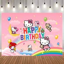 Sanrio Sanrio Family Hello Kitty Happy Birthday Pink Fantasy Scene Balloon Decoration For Birthday Bath Party Background Decoration Banner Vinyl