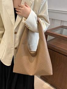 1 件女士纯色 PU 皮革时尚大容量单肩包，适合日常使用 - 卡其色 - 查看 3