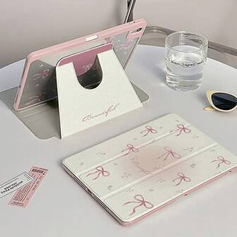 1 件漂亮的粉色花朵蝴蝶结双面印花 720 度旋转亚克力透明水晶透明保护套带笔槽，兼容 iPad 和，支持睡眠/唤醒功能