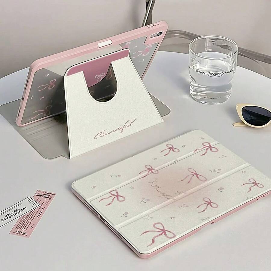 1pc Beautiful Pink Flower Bow Reversible Print 720 Rotating Acrylic Transparent Crystal Clear Protective Case With Pen Slot, Compatible With IPad & , Supports Sleep/Wake Function - Multicolor - View 1