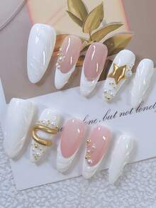 10pcs Y2K Nails Almond-Shaped Press On Nails Set - Handcrafted, Pink And White Nails, White French Tip Style, Hand Drawn Golden Star And 3d Golden Line Pattern, Hand Drawn 3d Transparent Asymmetrical Line Pattern, Golden Steel Ball And White Peal Accents, Perfect For Parties & Casual Attire,Perfect Holiday Gift For Women And Girls, Includes Tool Kit. - View 2