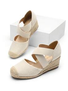 Women's Close Toe Espadrilles Platform Slip On Elastic  Cross Straps Dressy Wedges Sandals Matching Dress - 米色 - 查看 2