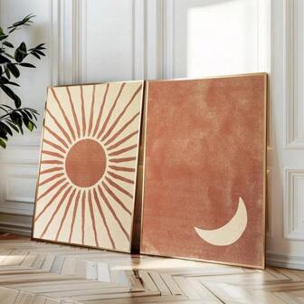Set van 2 oningelijste Boho Moon Sun Wall Art Canvas Poster Print Minimalistische Terracotta Bohemian Abstracte Kunst Esthetische Decoratie Schilderij voor slaapzaal, woonkamer, appartement, slaapkamer, moderne woningdecoratie