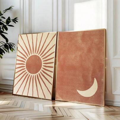 Juego de 2 carteles de arte de pared bohemio de la luna y el sol sin marco, impresión en lienzo, arte abstracto minimalista terracota bohemio, decoración estética para dormitorio, sala de estar, apartamento, habitación, decoración moderna del hogar