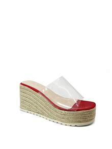 Revreal Vintage-Inspired Clear Strap Espadrille Wedges Vacation Bohemian Outdoor Beach - Red - View 1