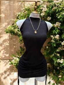 VESTIDO CUELLO ALTO CON JARETAS A LOS LADOS TELA RIF TEXTURA FRESCA MOD. KIRA   Liso  Elegante  Casual  Canalé  Fruncido  Espalda al aire  Canalé      Diario  Calle - Negro - Ver 2