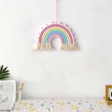 Handmade Colorful Rainbow Pom Pom Wreath Decor, Boho Woven Rainbow Wall Hanging Decor For Room, Nursery - Multicolor - View 5