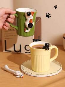 DearDali 1pc 300ml Hand-Painted Embossed Cat Ceramic Coffee Mug, Cute For Women, For Microwave, Ideal For Coffee Lovers, Creative Birthday/Wedding Gift - Green - View 2