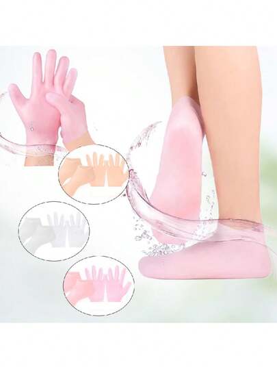 2 件硅胶袜子和 2 件硅胶手套，软凝胶保湿手套，水疗袜，软化干燥的双脚，龟裂的脚跟足部护理