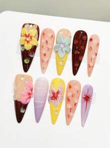 10pcs Hawaiian Dopamine 3D Devil Flower Handmade Acrylic Press On Nails, Colorful Summer Nails Extra Long Stiletto Pointed Fake Nails, Full Coverage French Tip Nails With Jelly Glue And Nail File, DIY Nail Art Supplies