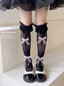 Girls Thin Lace Trim Socks, Solid Color Bowknot Lolita Style Hollow Out Long Socks No Show Ankle Socks, Summer - Multicolor - View 7