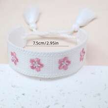 1 pieza Pulsera de estilo bohemio hecha a mano con bordado floral y borlas, ajustable, adecuada para regalos a amigos, familia, estudiantes, para vacaciones, fiestas, viajes y bodas - Blanco - Ver 8
