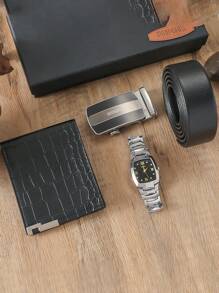 Set de regalo de 3 piezas: 1 reloj de pulsera de acero con esfera de números romanos, 1 billetera casual y 1 cinturón elegante, para el Día del Padre
