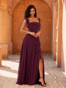 MOEVIO 女士优雅露肩荷叶袖A字高开衩伴娘婚礼宾客正式晚礼服，适合舞会、毕业典礼、返校节、节日、秋季等场合