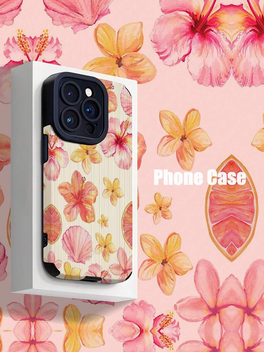 1pc Fresh Pink Flower Pattern Soft Padded Shock-Proof Phone Case Compatible With Apple & 15/15PLUS/15PRO/15PROMAX Waterproof Anti-Fall Scratch Resistant