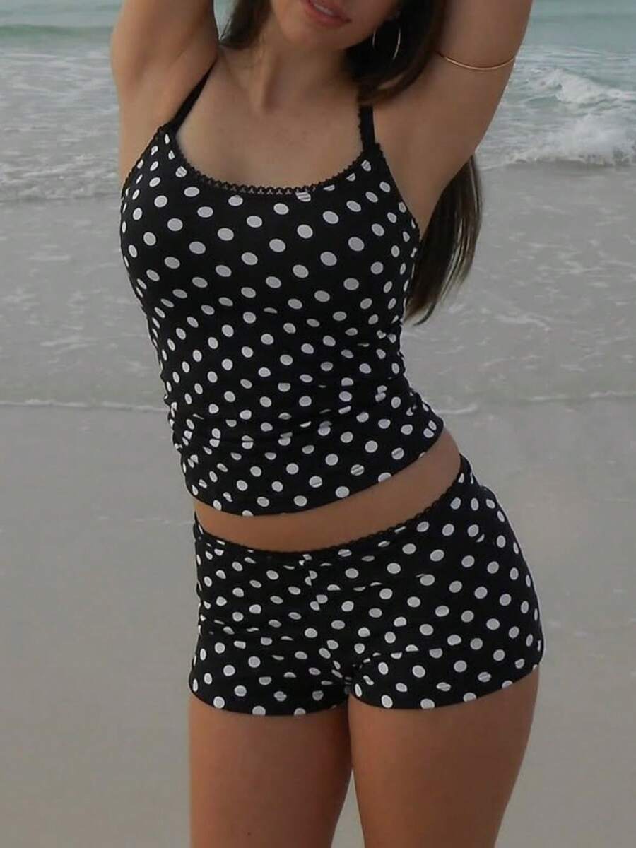Women's Y2K Summer 2 Piece Cami Pajama Set Dot Print/Stripe Sleeveless Pjs Tank Tops And Shorts Sets Camisole Lounge Set Sleepwear - 黑色 - 查看 1