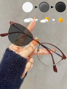1 件户外变色金属框架眼镜，Y2K 小椭圆形框架装饰眼镜，时尚百搭，适合女性，含眼镜盒
