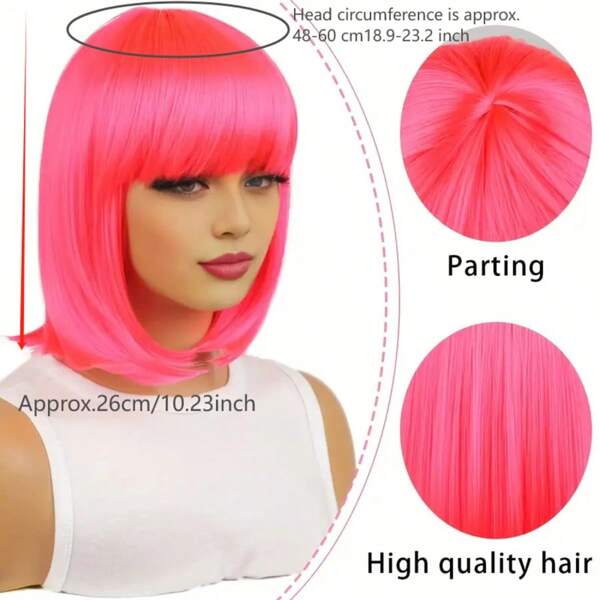 Leuchtend rosa Perücke mit Pony, kurzes gerades synthetisches Haar Perücke für Frauen, geeignet für Einsteiger, natürliches und modisches Aussehen, ideal für Cosplay, Partys, Musikfestivals. Auch in Kirschblütenrosa und Karamellfarbe erhältlich