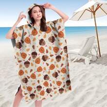 1pc Digital Printed Pattern Ultra-Fine Fiber Hooded Bath Towel, Suitable For Bathing, Swimming Pool, Travel Items, Festival Gifts