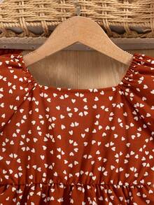 少女情人节爱心印花方领泡泡袖鱼尾连衣裙 - 鏽棕色 - 查看 4