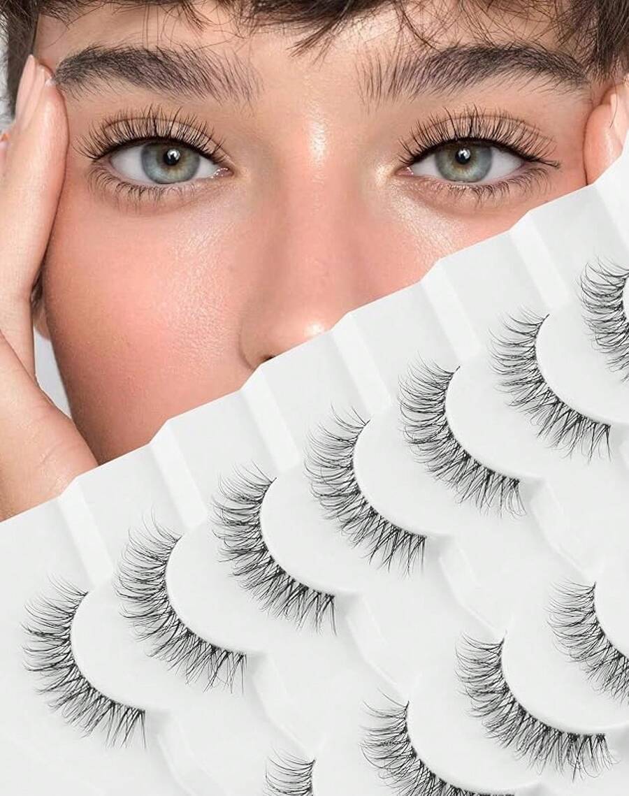 Natural False Eyelashes Clear Band Lashes Natural Look Jiocolor Wispy Faux Mink Lashes Demi-Wispies Fake Lahes 12MM 7 Pairs Wispy Dream(7mm-12mm) - Giấc mơ mỏng manh (7mm-12mm) - Xem 1