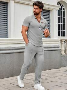 Men's Casual Suit, Outdoor Versatile High-End Men's Waffle Collar Short Sleeve Pocket Top And Solid Color Pants 2 Pieces Set - Grey - View 5