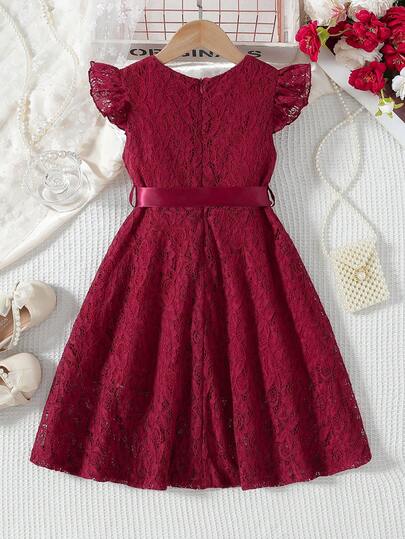 coviviky 3-10 Years Old Girls' Elegant Solid Color Lace Round Neck Cap Sleeve Zipper Sweet Cute Dress With Belt, Suitable For Daily Casual, Birthday Party, Gift For Kids