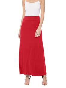 Maxi Length High Waist Foldable Waistband Solid Skirt  Plain  Casual  Elegant  Knitted Fabric        Home  Office  Street  Daily - Đỏ - Xem 4