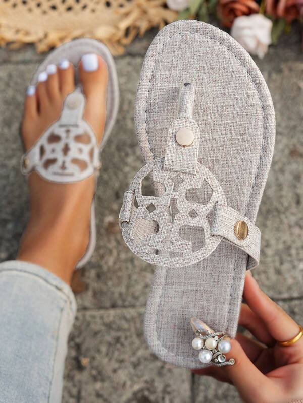 Women Hollow Out Design Wide Fit Flat Sandals - Casual Versatile - Summer New Arrival - Comfortable Casual - Daily Outfit - Beach Vacation - Hollow Out Design - Open Toe Design - Flat Shoes - Khaki - High Heel - Casual Style - Office Commute - Party Celebration - Summer - Beige - Synthetic Material