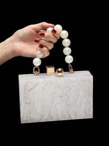 Acrylic Clutch Wallet, Marble Pattern Handbag, Women's Crossbody Bag With Pearl Chain, Formal Wedding/Gala