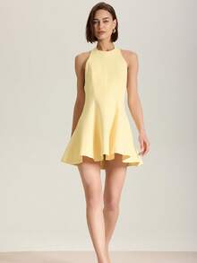 女式简约露背露背短裙，奶油黄色，夏季 - 黃色 - 查看 3