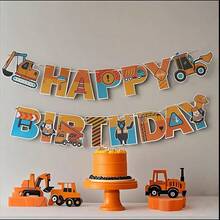 Construction Truck Theme Happy Birthday Paper Banner Engineering Vehicle Design Party Decoration Photo Background Banner - Yellow - View 1