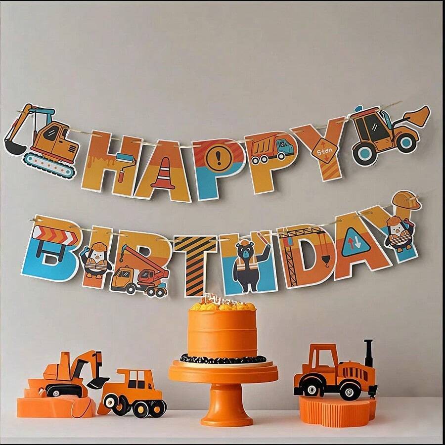 Construction Truck Theme Happy Birthday Paper Banner Engineering Vehicle Design Party Decoration Photo Background Banner - Yellow - View 1