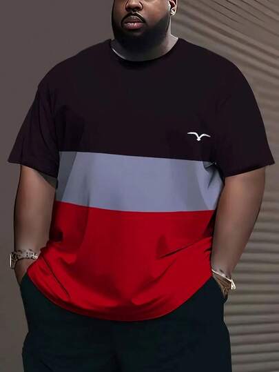 Plus Size Men's 3-Color Striped T-Shirt, Casual Sports Round Neck Top, 95% Polyester 5% Spandex Knit Fabric With Slight Elasticity, Machine Washable Summer