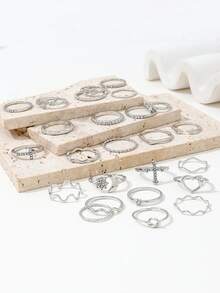 25pcs Set Of Fashionable Star, Moon And Heart Shaped Rhinestone Decorated 8 Piece Minimal Geometric Boho Rings - Silver - View 4