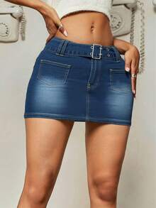 Women's Y2K Elastic Denim Mini Skirt With Belt - Dark Wash - View 2