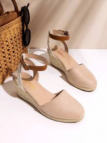 Women's Closed Toe Ankle Strap Espadrilles Outing Vacation Matching Dress Comfortable Wedge Sandals - Màu be - Xem 1
