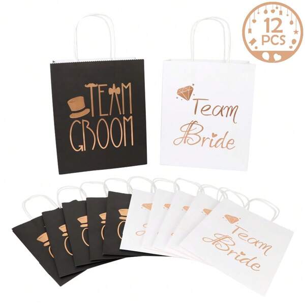12Pcs Wedding Party Paper Gift Bags 6 Bridesmaid 6 Groomsmen Gift Bags Bridal Shower Bachelorette Party Favor Bags Rose Gold Foiled With Handle