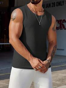 Men's Ribbed Knit Tank Tops Casual Solid Color Sleeveless T-Shirt Workout Training Bodybuilding Tops Streetwear - Black - View 2